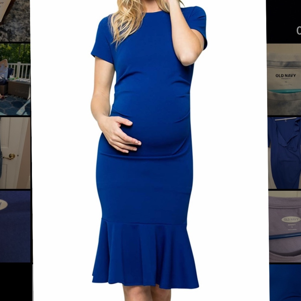 My Bump Maternity Midi Dress - Fitted Stretch Short Sleeves Mermaid Flare Ruffle